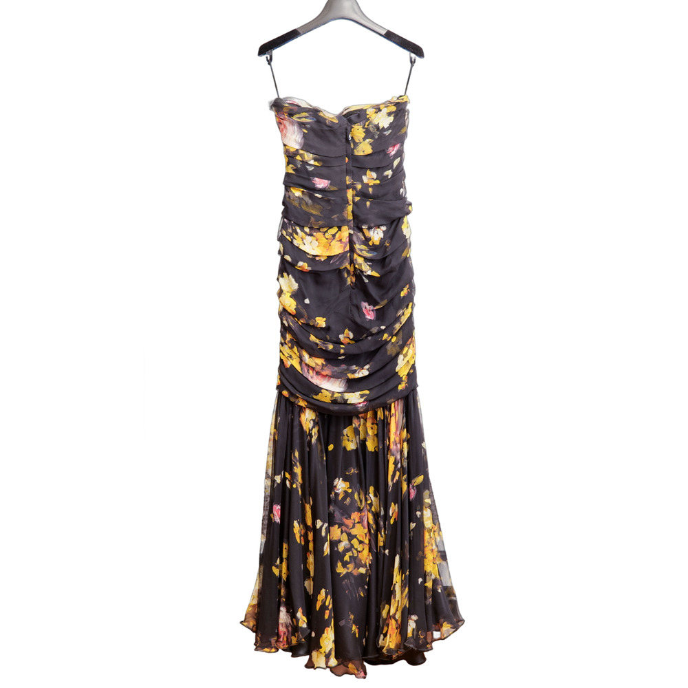 Dolce & Gabbana Black Yellow Floral Ruched Silk Chiffon Evening Gown (IT38/US 2) - Picture 6 of 12